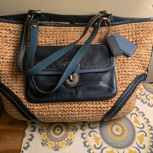 Authentic Coach straw bag with blue trim.